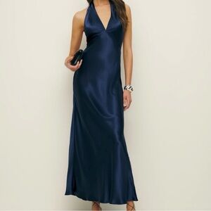 Reformation Daniels Navy Satin Halter Maxi Dress